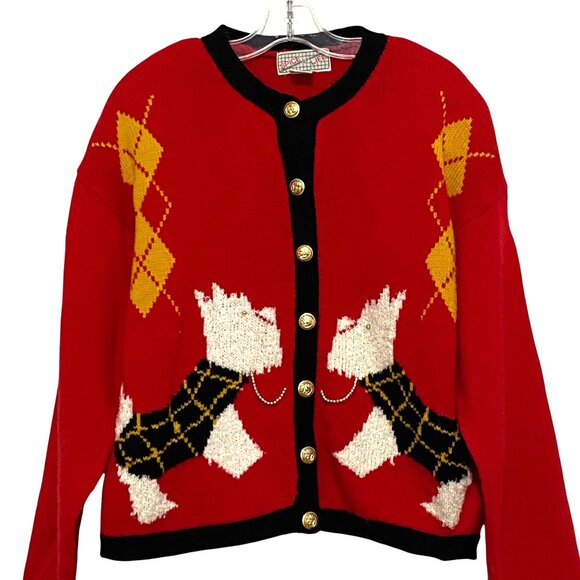 Vintage Spice of Life Scottie Dog Cardigan Womens S Military Argyle Old Money - Picture 1 of 6